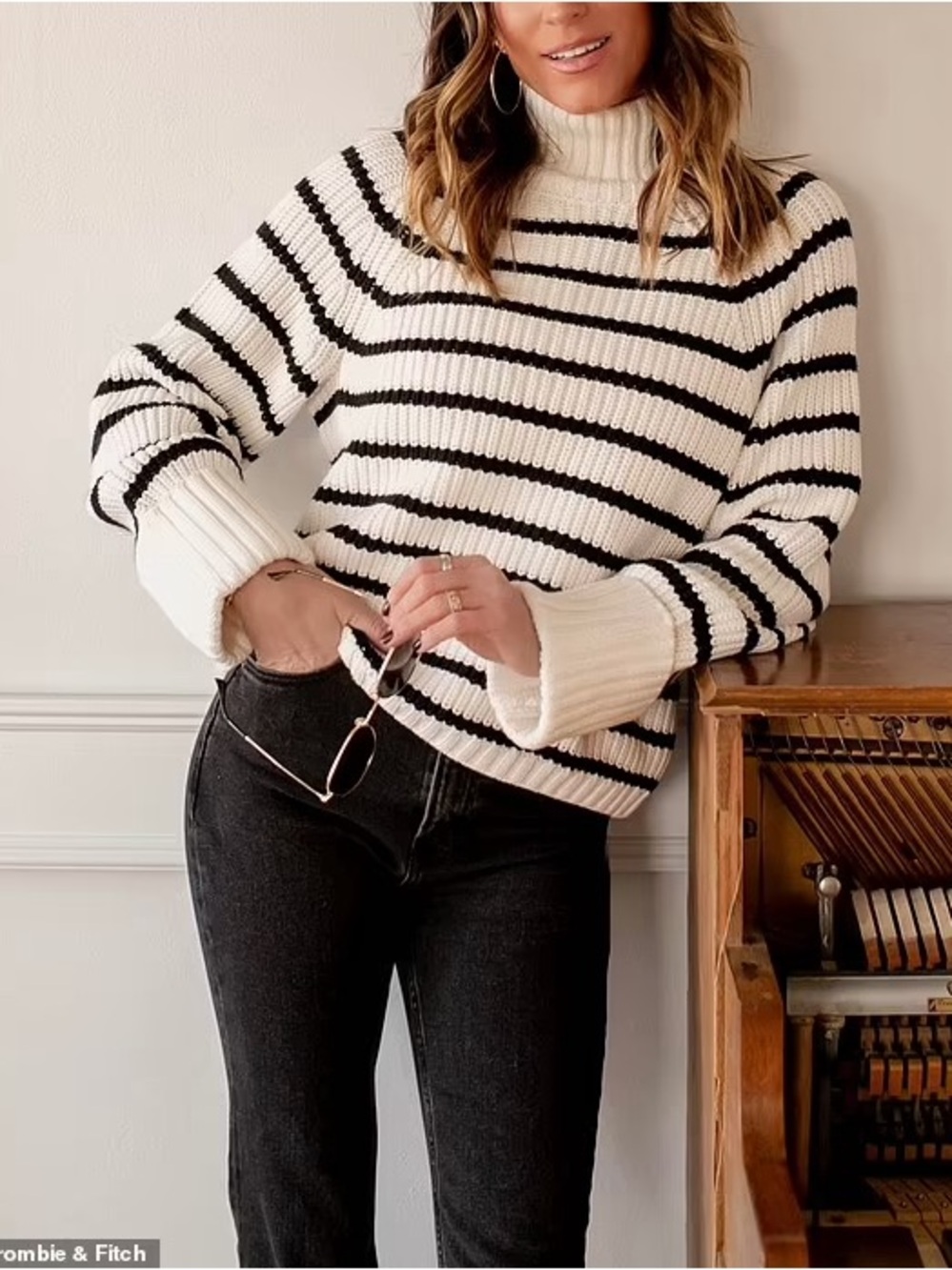 Abercrombie & Fitch x Jen Reed Black and White Striped Turtleneck Sweater
